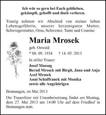 Traueranzeige von Maria Mrosek von Mitteldeutsche Zeitung Sangerhausen