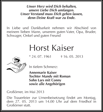 Traueranzeige von Horst Kaiser von Mitteldeutsche Zeitung Aschersleben
