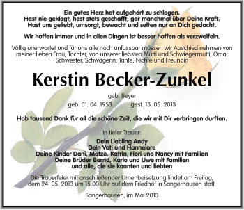 Traueranzeige von Kerstin Becker-Zunkel von Mitteldeutsche Zeitung Sangerhausen