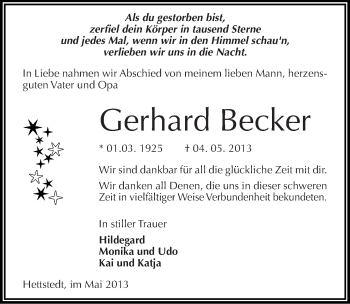 Traueranzeige von Gerhard Becker von Mitteldeutsche Zeitung Aschersleben