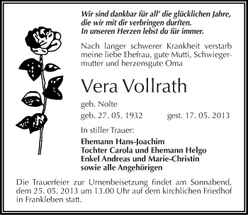 Traueranzeige von Vera Vollrath von Mitteldeutsche Zeitung Merseburg/Querfurt