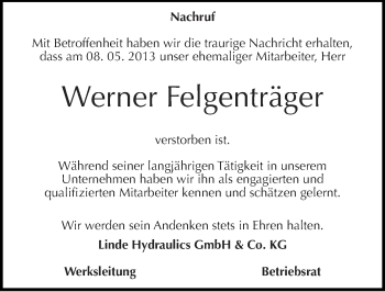 Traueranzeige von Werner Felgenträger von Mitteldeutsche Zeitung Quedlinburg