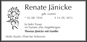 Traueranzeige von Renate Jänicke von Mitteldeutsche Zeitung Halle/Saalkreis