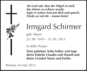 Traueranzeige von Irmgard Schirmer von Mitteldeutsche Zeitung Zeitz