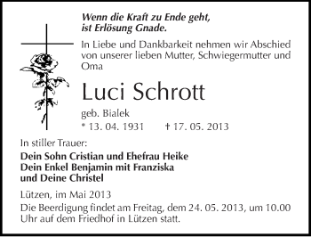 Traueranzeige von Luci Schrott von Mitteldeutsche Zeitung Weißenfels