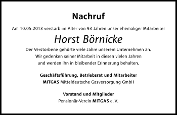 Traueranzeige von Horst Börnicke von Mitteldeutsche Zeitung Halle/Saalkreis