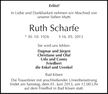 Traueranzeige von Ruth Scharfe von Mitteldeutsche Zeitung Naumburg/Nebra