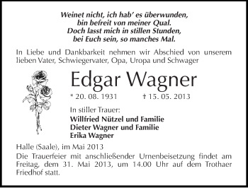 Traueranzeige von Edgar Wagner von Mitteldeutsche Zeitung Halle/Saalkreis