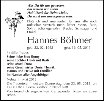 Traueranzeige von Hannes Böhmer von Mitteldeutsche Zeitung Naumburg/Nebra