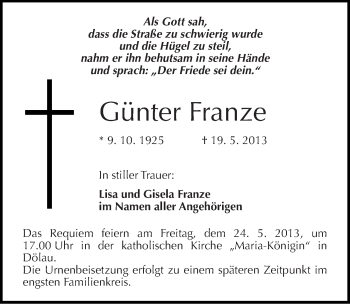 Traueranzeige von Günter Franze von Mitteldeutsche Zeitung Halle/Saalkreis