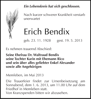 Traueranzeige von Erich Bendix von Mitteldeutsche Zeitung Naumburg/Nebra