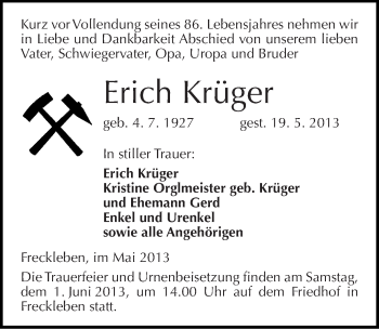 Traueranzeige von Erich Krüger von Mitteldeutsche Zeitung Aschersleben