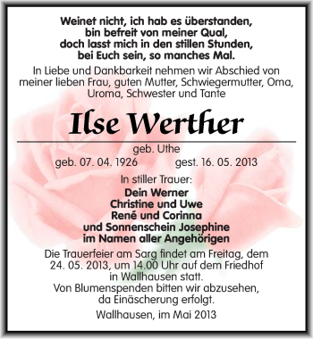 Traueranzeige von Ilse Werther von Mitteldeutsche Zeitung Sangerhausen