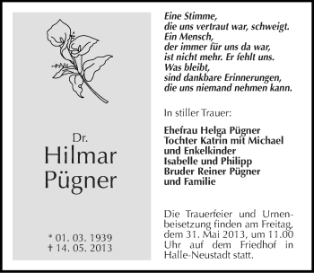 Traueranzeige von Hilmar Pügner von Mitteldeutsche Zeitung Halle/Saalkreis