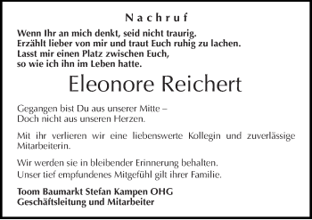 Traueranzeige von Eleonore Reichert von Mitteldeutsche Zeitung Naumburg/Nebra