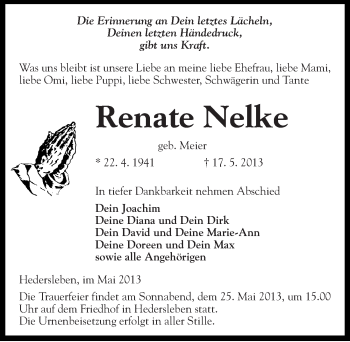 Traueranzeige von Renate Nelke von Mitteldeutsche Zeitung Quedlinburg