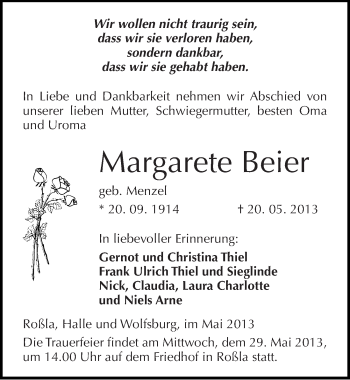 Traueranzeige von Margarete Beier von Mitteldeutsche Zeitung Sangerhausen