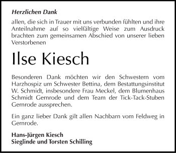 Traueranzeige von Ilse Kiesch von Mitteldeutsche Zeitung Quedlinburg