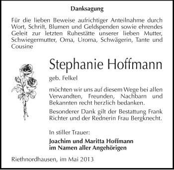 Traueranzeige von Stephanie Hoffmann von Mitteldeutsche Zeitung Sangerhausen
