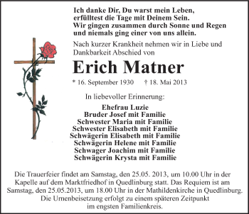 Traueranzeige von Erich Matner von Mitteldeutsche Zeitung Quedlinburg