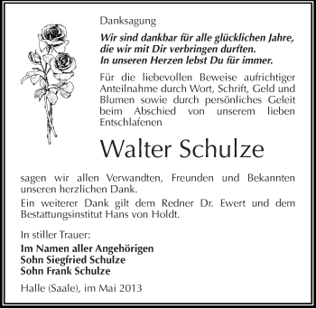 Traueranzeige von Walter Schulze von Mitteldeutsche Zeitung Halle/Saalkreis