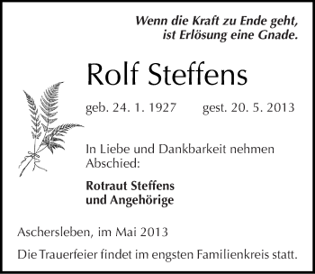 Traueranzeige von Rolf Steffens von Mitteldeutsche Zeitung Aschersleben