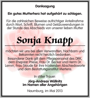 Traueranzeige von Sonja Knapp von Mitteldeutsche Zeitung Naumburg/Nebra