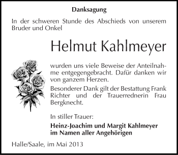 Traueranzeige von Helmut Kahlmeyer von Mitteldeutsche Zeitung Sangerhausen