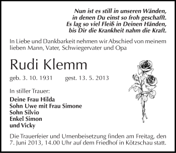 Traueranzeige von Rudi Klemm von Mitteldeutsche Zeitung Merseburg/Querfurt