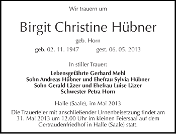 Traueranzeige von Birgit Christine Hübner von Mitteldeutsche Zeitung Halle/Saalkreis