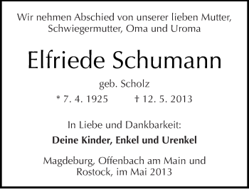 Traueranzeige von Elfriede Schumann von Mitteldeutsche Zeitung Merseburg/Querfurt