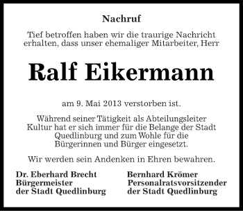 Traueranzeige von Ralf Eikermann von Mitteldeutsche Zeitung Quedlinburg