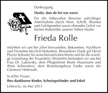 Traueranzeige von Frieda Rolle von Mitteldeutsche Zeitung Halle/Saalkreis