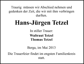 Traueranzeige von Hans-Jürgen Tetzel von Mitteldeutsche Zeitung Sangerhausen
