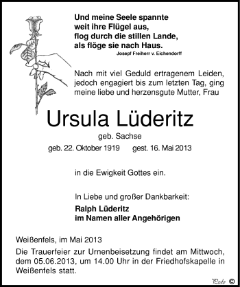 Traueranzeige von Ursula Lüderitz von Mitteldeutsche Zeitung Weißenfels