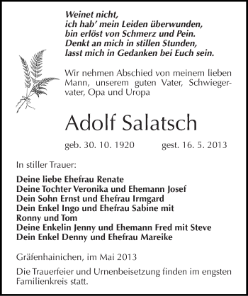 Traueranzeige von Adolf Salatsch von Mitteldeutsche Zeitung Wittenberg