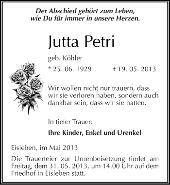 Traueranzeige von Jutta Petri von Mitteldeutsche Zeitung Aschersleben