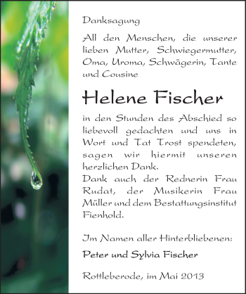 Traueranzeige von Helene Fischer von Mitteldeutsche Zeitung Sangerhausen
