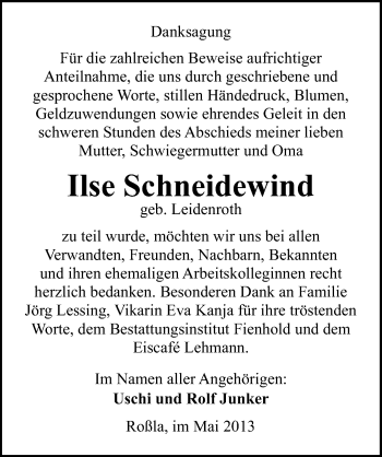 Traueranzeige von Ilse Schneidewind von Mitteldeutsche Zeitung Sangerhausen