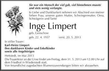 Traueranzeige von Inge Limpert von Mitteldeutsche Zeitung Aschersleben
