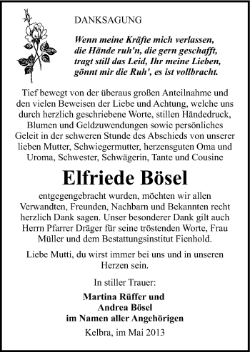 Traueranzeige von Elfriede Bösel von Mitteldeutsche Zeitung Sangerhausen