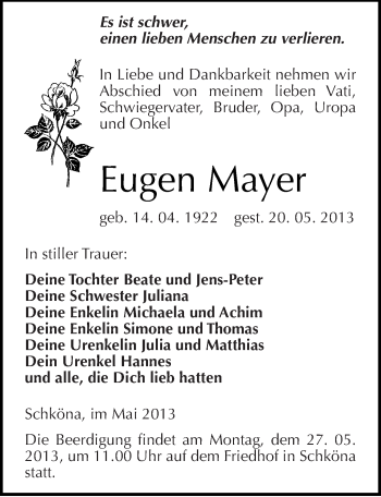 Traueranzeige von Eugen Mayer von Mitteldeutsche Zeitung Wittenberg