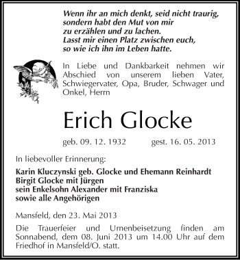Traueranzeige von Erich Glocke von Mitteldeutsche Zeitung Aschersleben