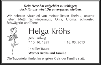 Traueranzeige von Helga Kröhs von Mitteldeutsche Zeitung Dessau-Roßlau