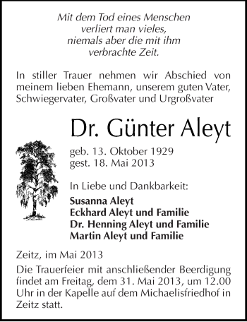 Traueranzeige von Günter Aleyt von Mitteldeutsche Zeitung Zeitz