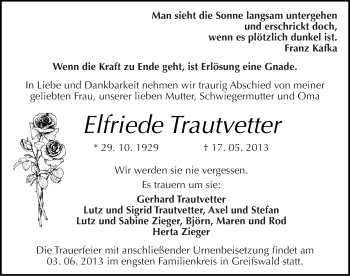 Traueranzeige von Elfriede Trautvetter von Mitteldeutsche Zeitung Quedlinburg