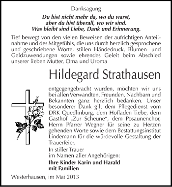Traueranzeige von Hildegard Strathausen von Mitteldeutsche Zeitung Quedlinburg