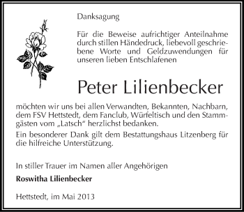 Traueranzeige von Peter Lilienbecker von Mitteldeutsche Zeitung Aschersleben