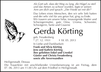Traueranzeige von Gerda Körting von Mitteldeutsche Zeitung Dessau-Roßlau