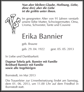 Traueranzeige von Erika Bannier von Mitteldeutsche Zeitung Aschersleben
